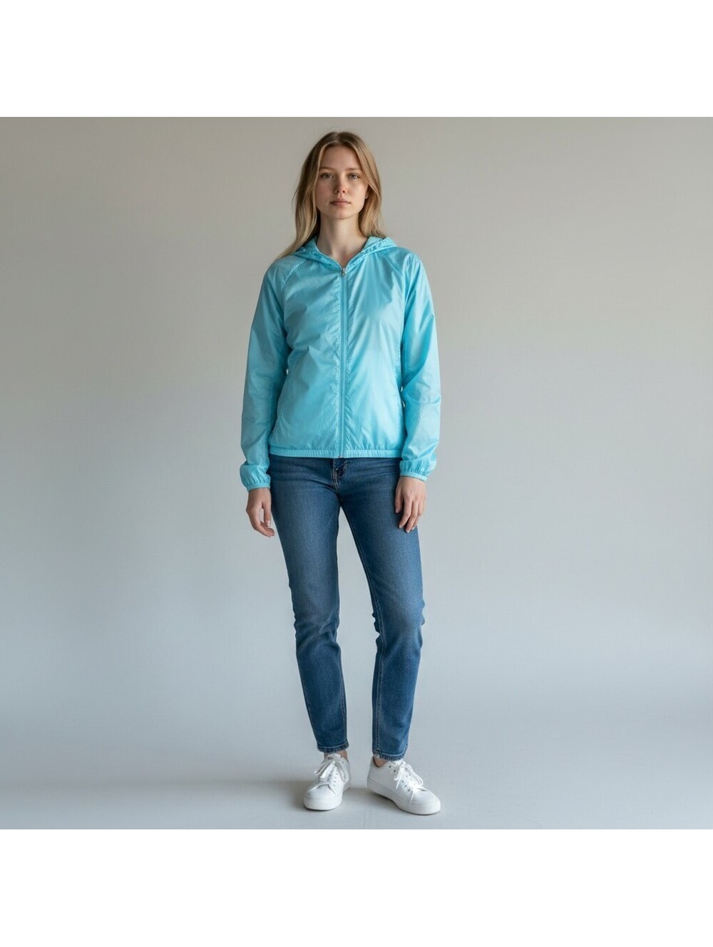 Flex'n Windbreaker Jacket Women L Large Blue Full Zip Hooded Long Sleeve